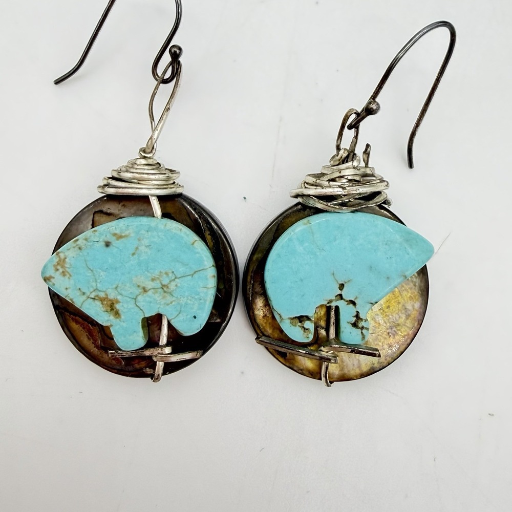 VTG Fetish Bear Turquoise Earrings Sterling Silver Handmade Southwestern Read